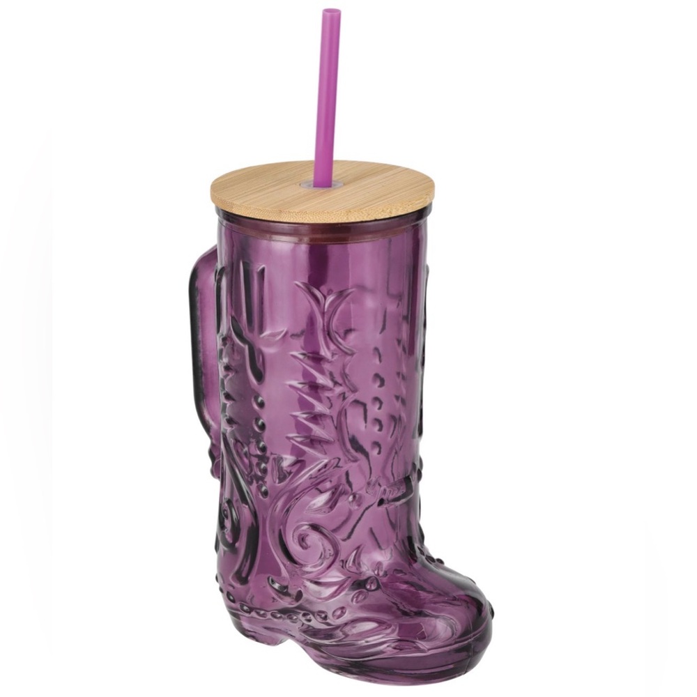 HEB Destination Holiday Glass Boot Cup With Lid Straw Purple Western Cowgirl New
